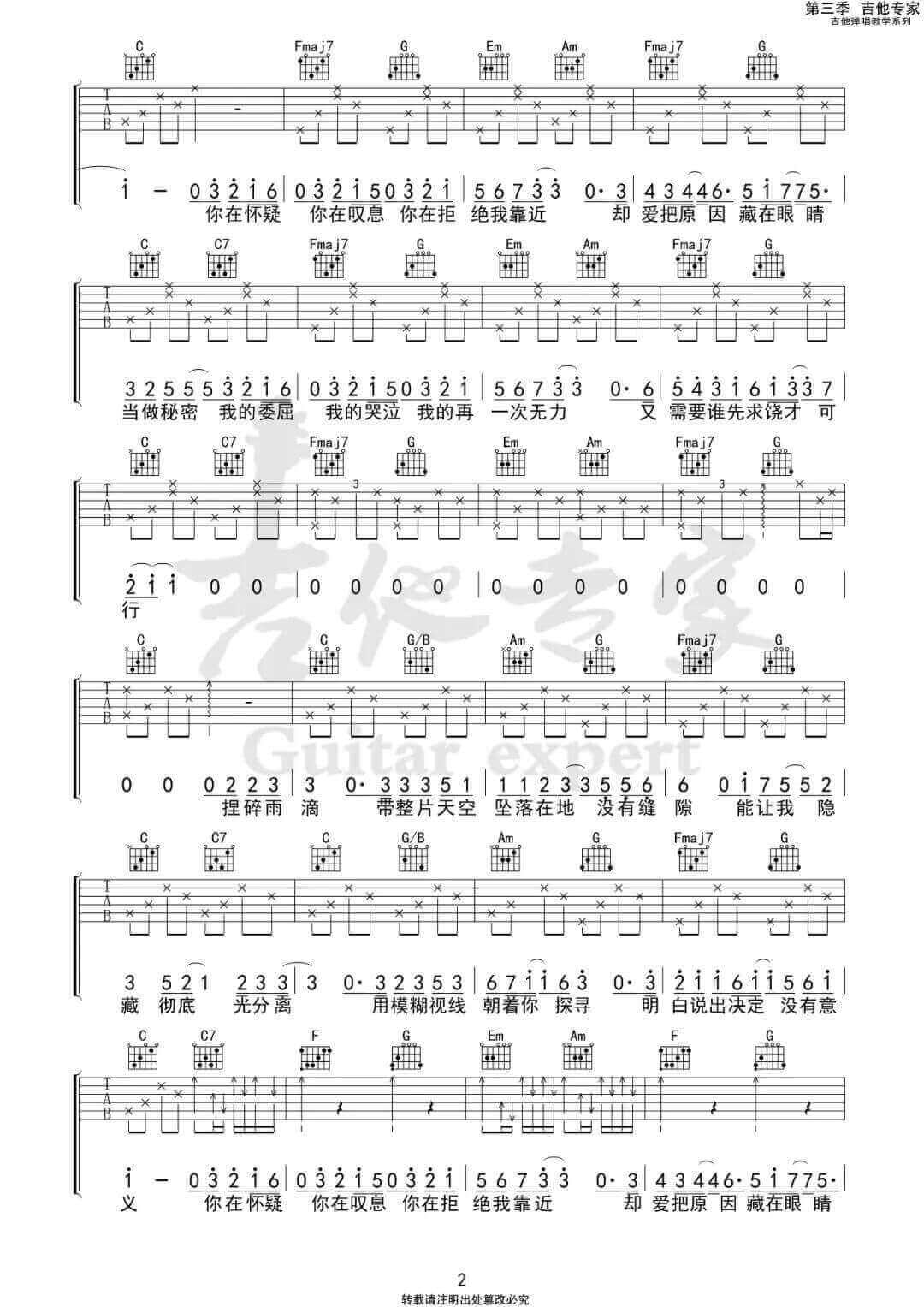 《万拒》吉他谱-就是南方凯-C调原版弹唱六线谱-高清图片谱插图1