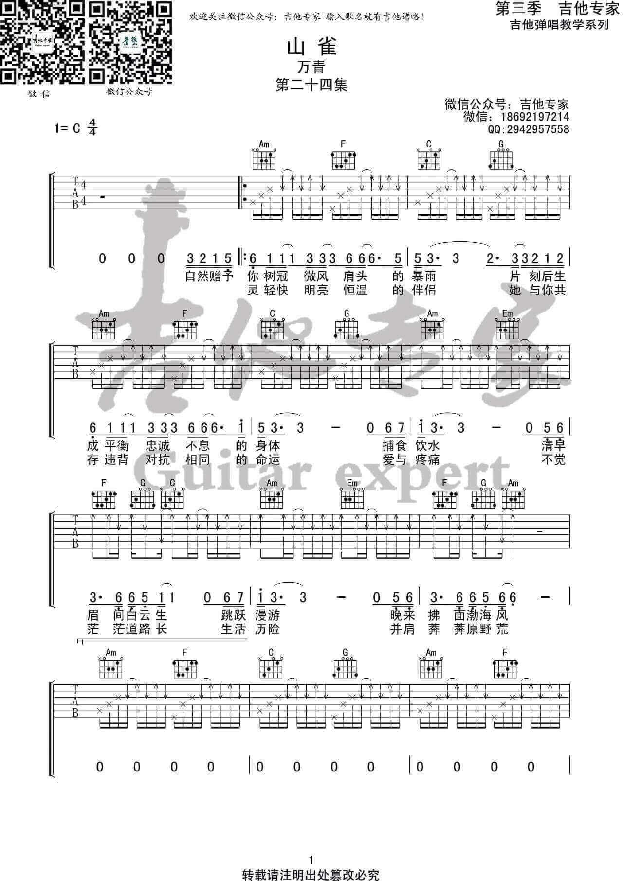山雀吉他谱-万能青年旅店-《山雀》C调弹唱谱-高清六线谱插图