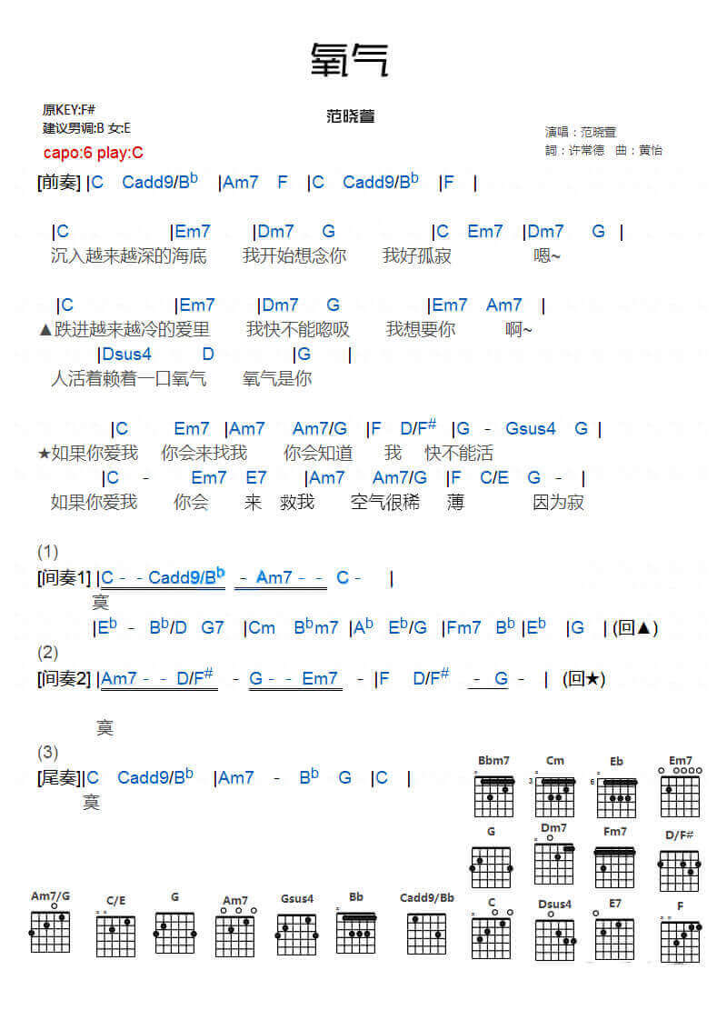 氧气吉他谱-范晓萱-《氧气》C调弹唱谱-高清图片谱插图