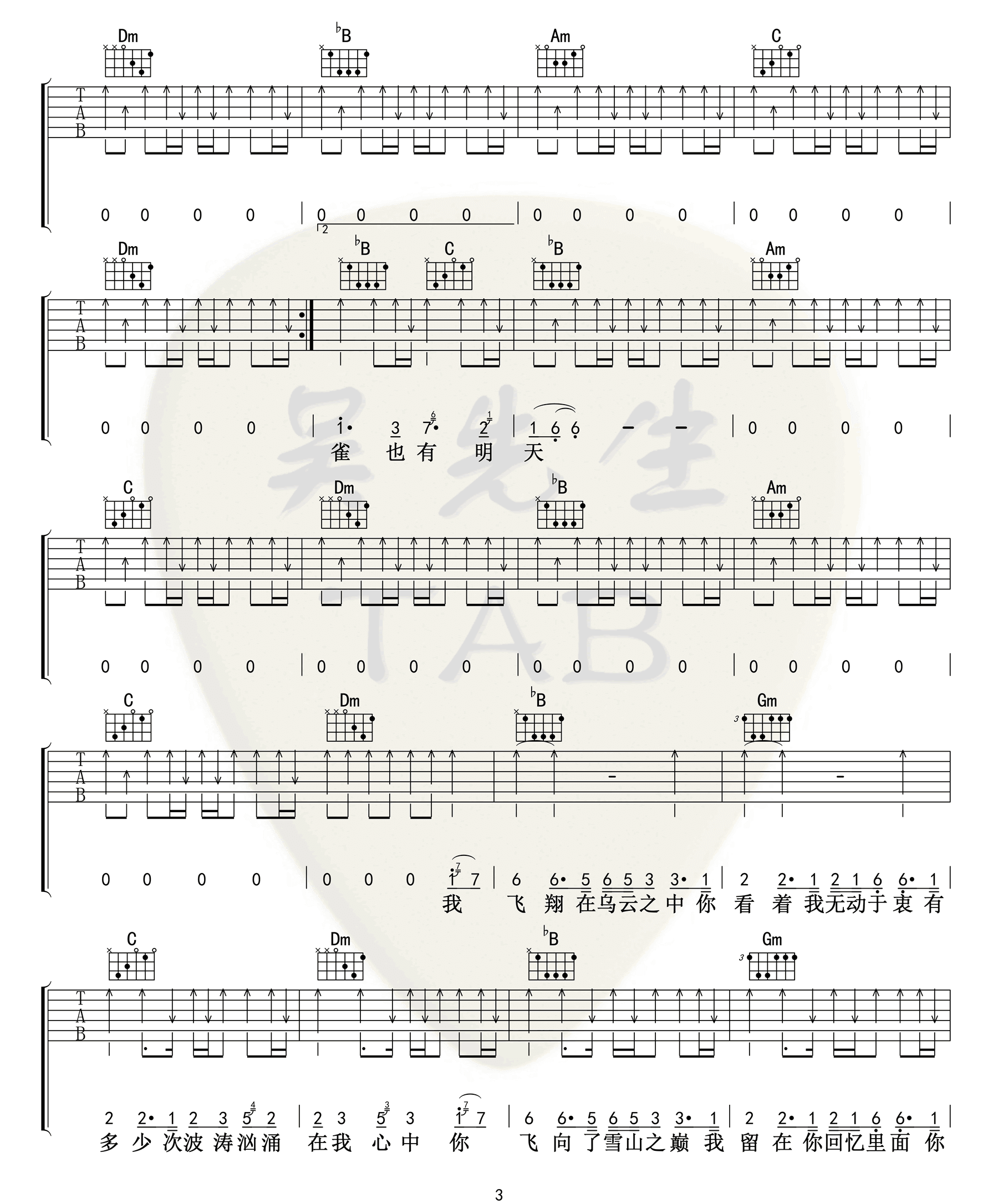 麻雀吉他谱-李荣浩-《麻雀》F调原版弹唱谱-麻雀六线谱插图2