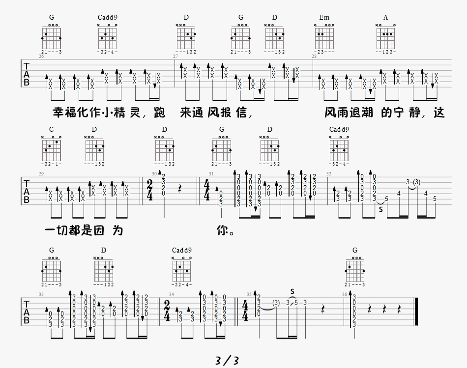 《小精灵》吉他谱-吴青峰/刘家凯-G调原版六线谱-吉他弹唱示范插图4