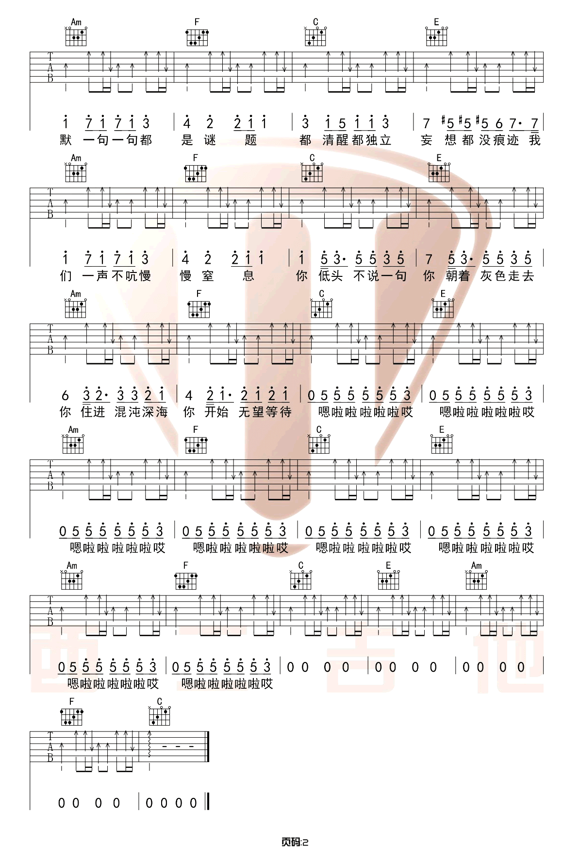光吉他谱-陈粒-《光》C调原版六线谱-吉他弹唱教学插图1