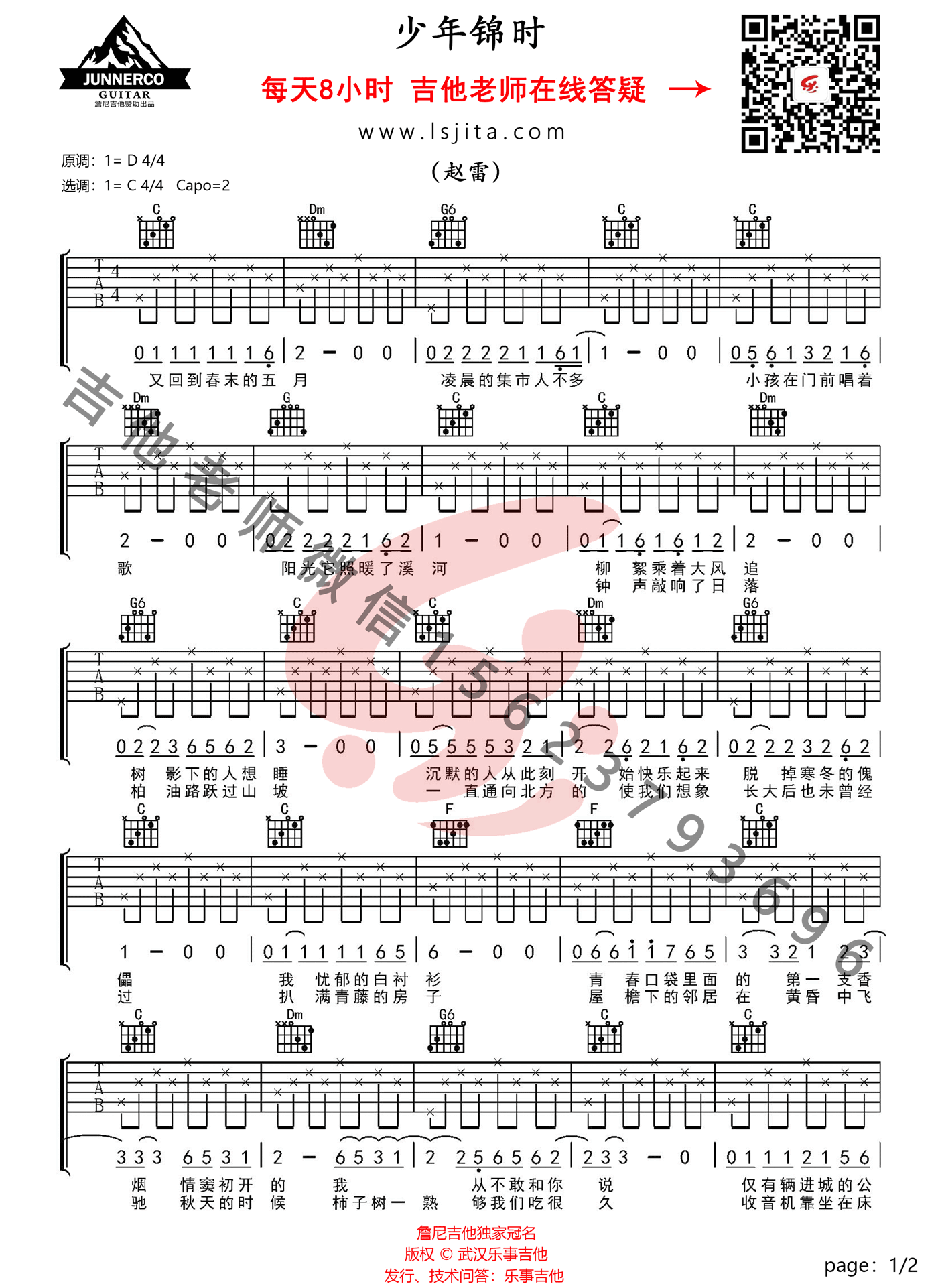 《少年锦时》吉他谱-赵雷-C调简单版六线谱-吉他弹唱教学插图