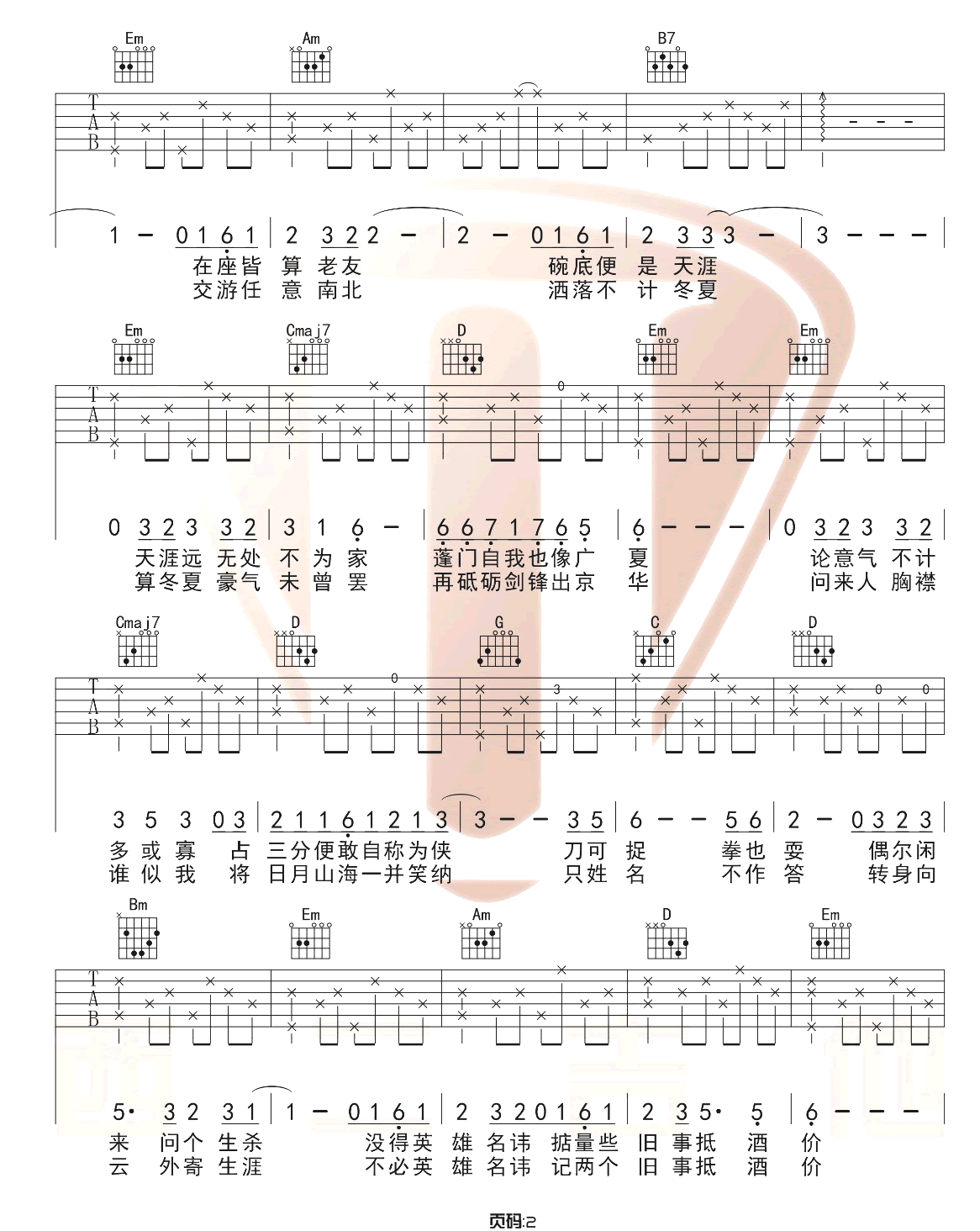 不谓侠吉他谱-萧忆情-《不谓侠》G调原版六线谱-吉他弹唱教学插图1
