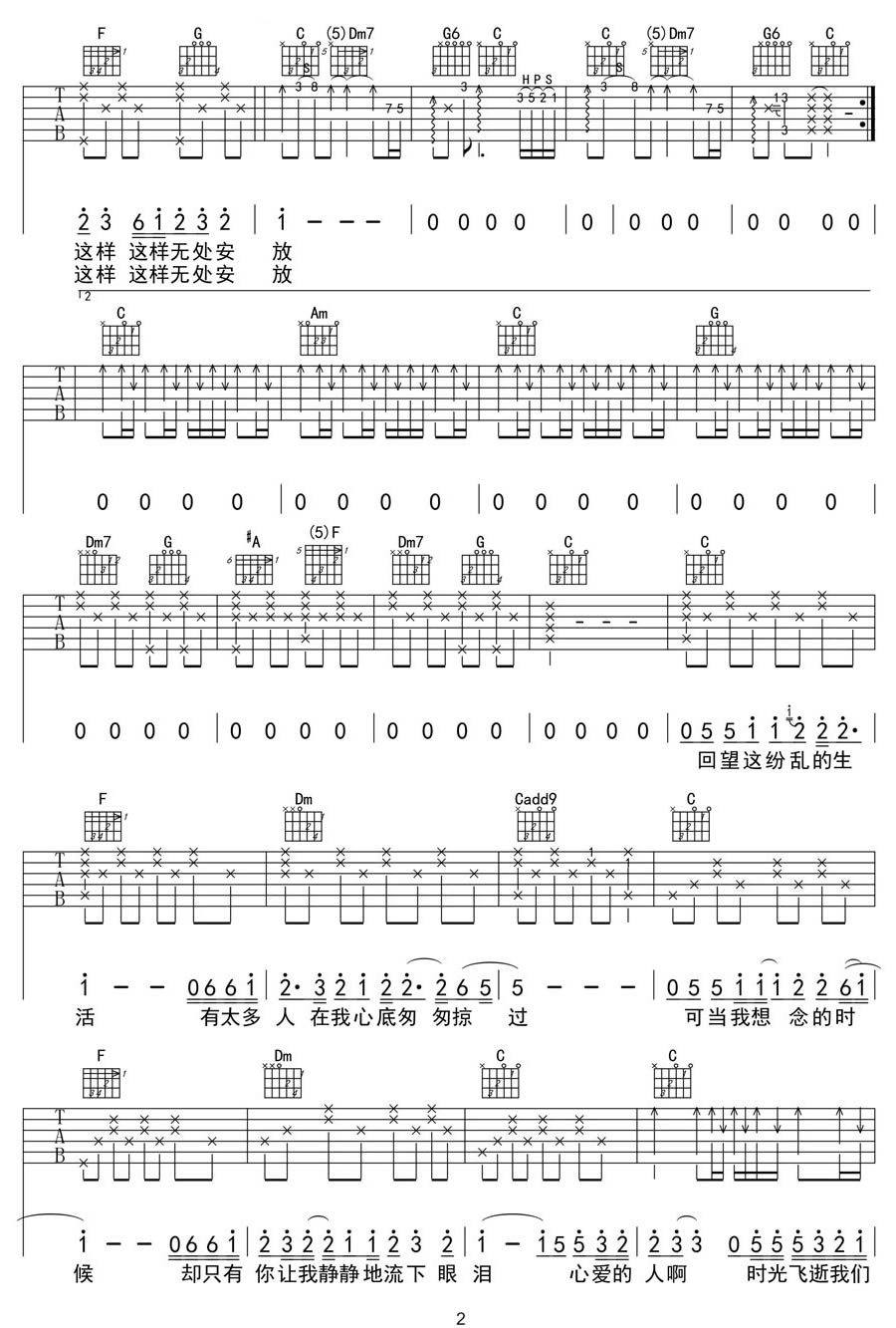 《无处安放》吉他谱-汪峰-C调原版弹唱六线谱-高清图片谱插图2
