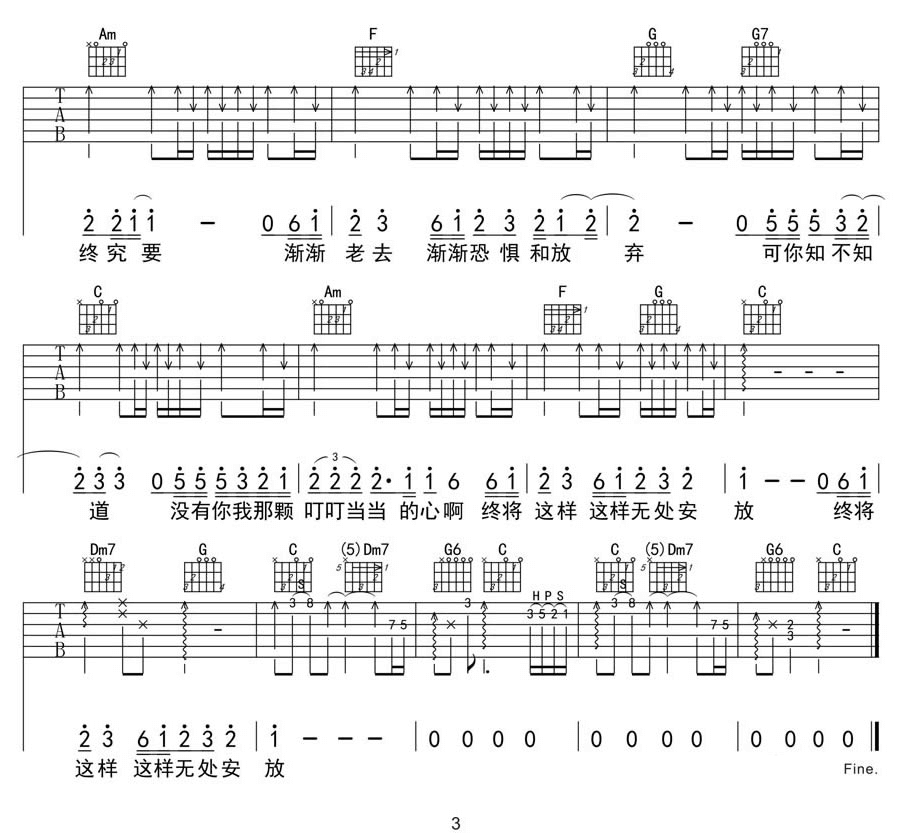 《无处安放》吉他谱-汪峰-C调原版弹唱六线谱-高清图片谱插图4