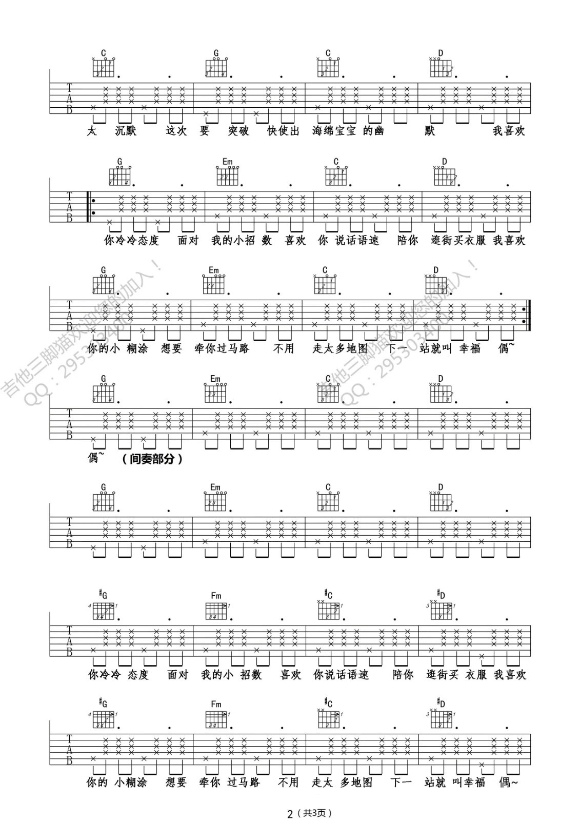 《海绵宝宝》吉他谱-回音哥-D调原版弹唱六线谱-高清图片谱插图1