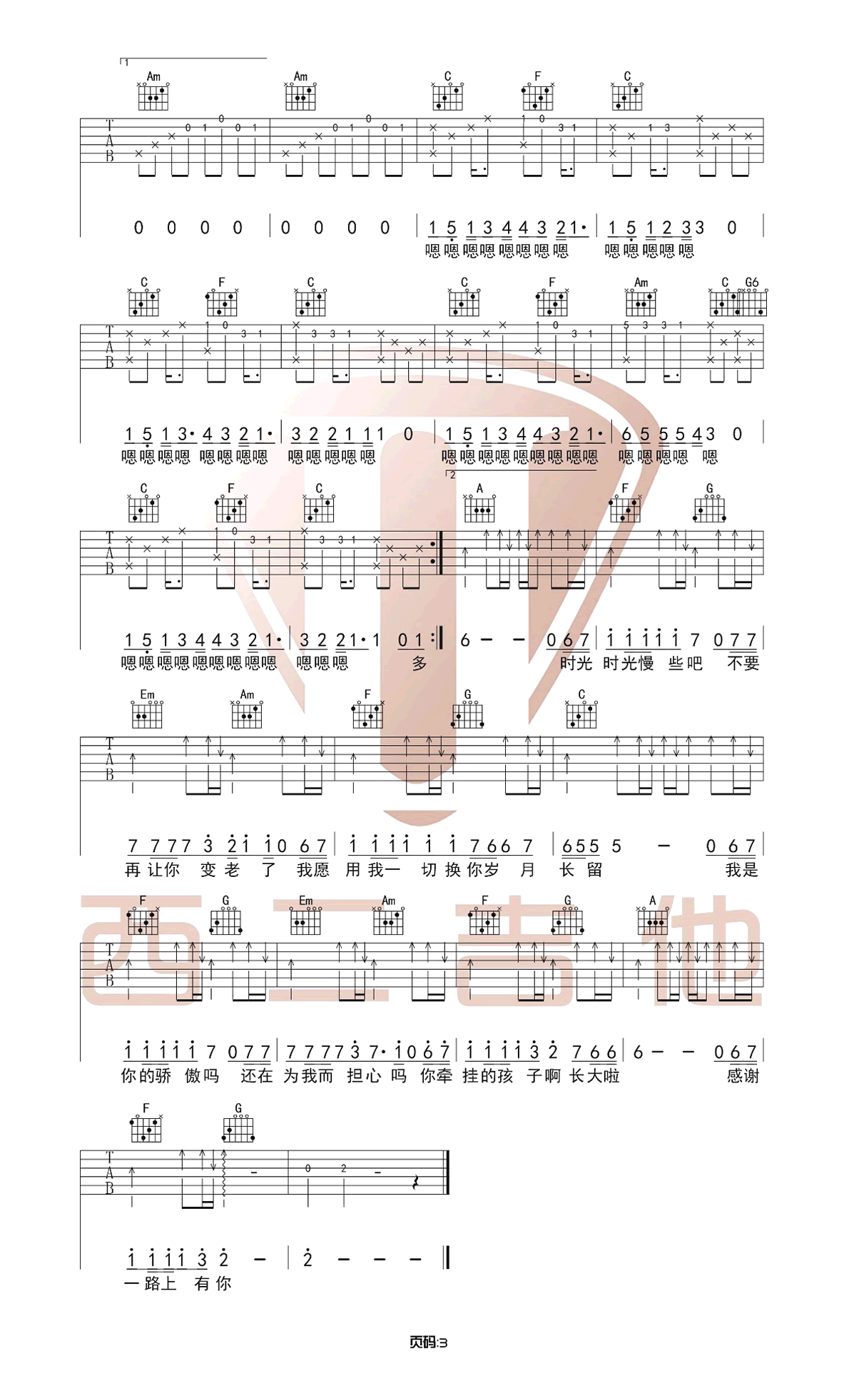 筷子兄弟《父亲》原版编配C调弹唱吉他六线谱-高清图片谱插图4