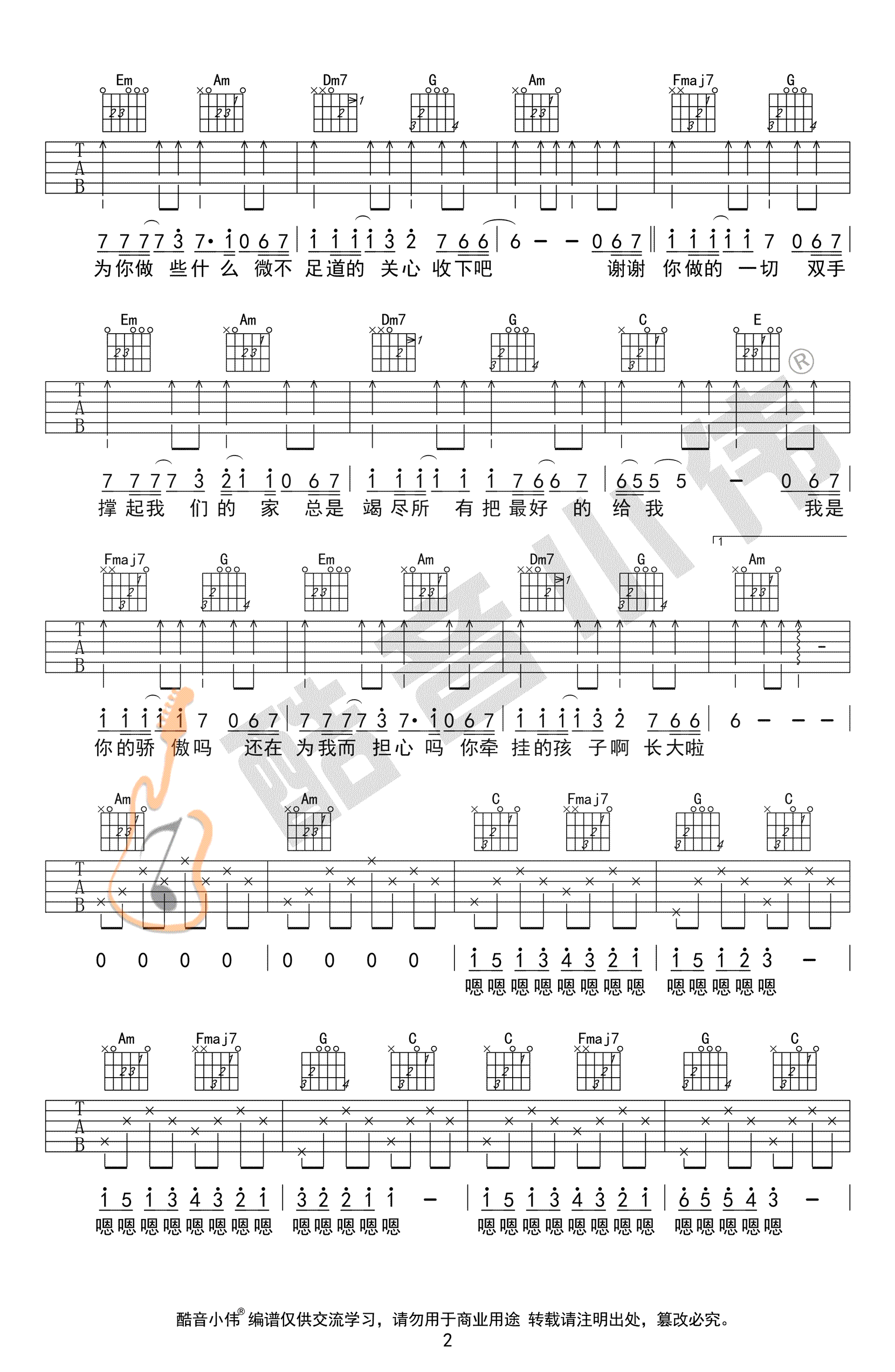 筷子兄弟《父亲》C调超简单版弹唱吉他六线谱-高清图片谱插图1