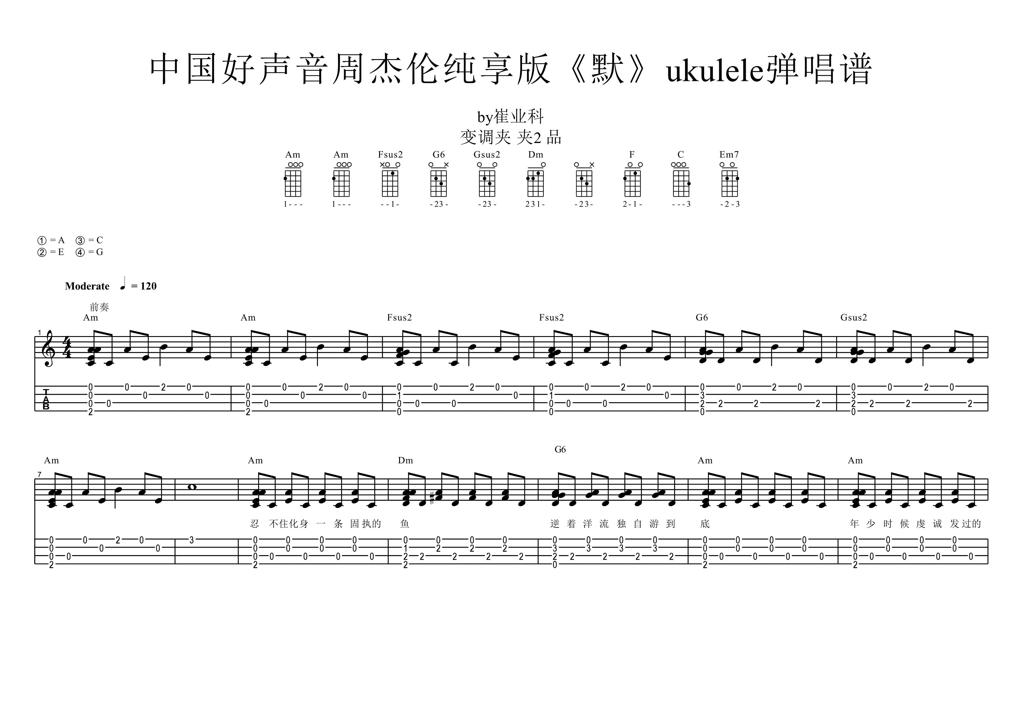《默》中国好声音纯享版 周杰伦 ukulele谱 教程插图