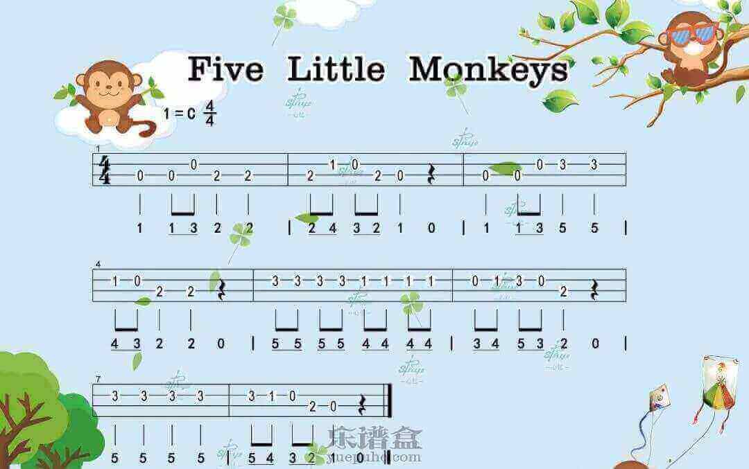 亲子英文歌《Five Little Monkeys》尤克里里谱插图1