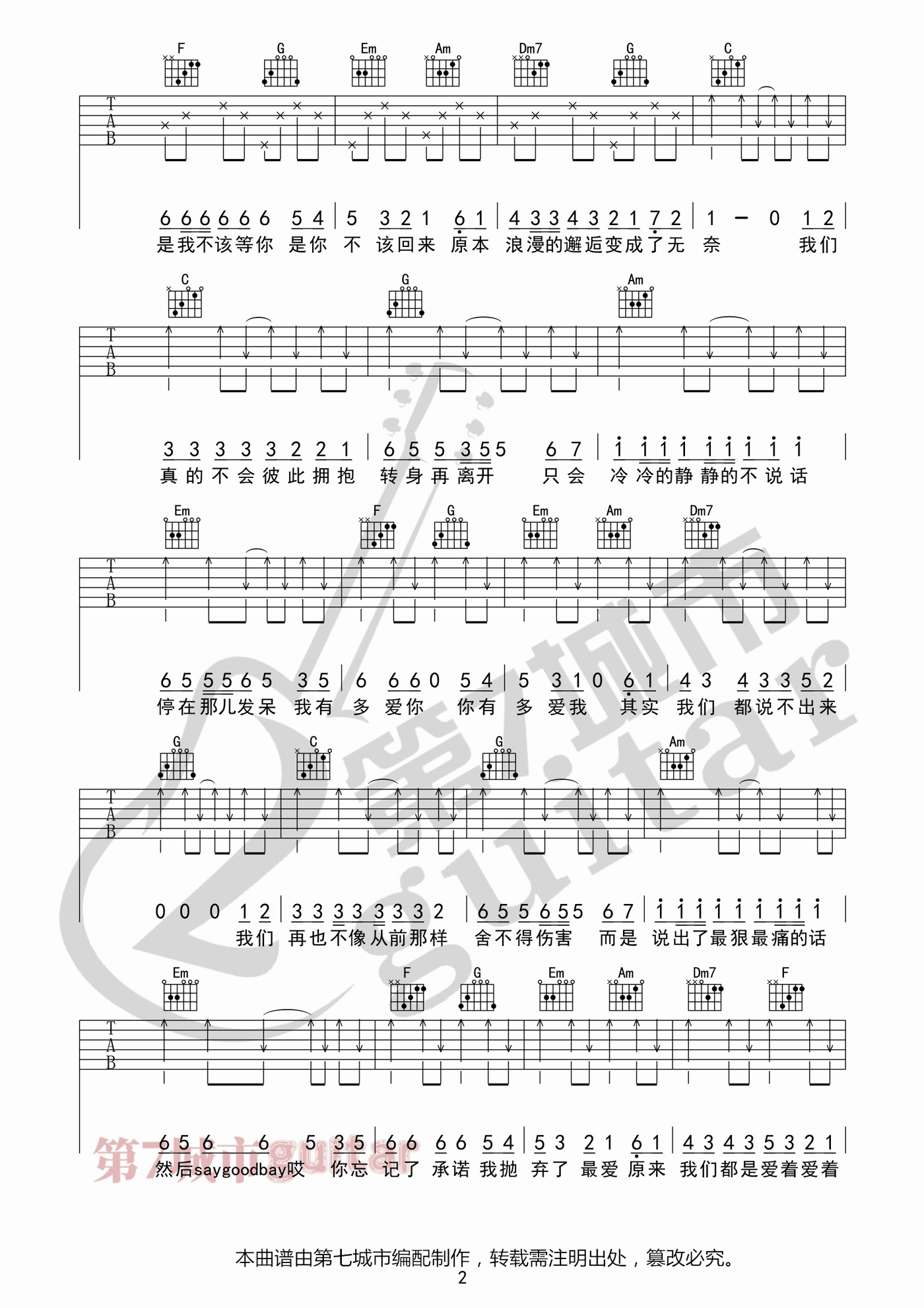《最后的人》吉他谱-杨小壮-C调弹唱六线谱-高清图片谱插图1
