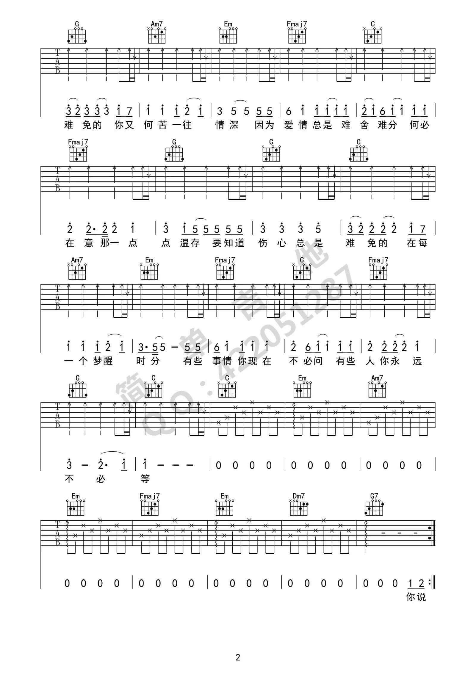 《梦醒时分》吉他谱-陈淑桦-C调简单版弹唱谱-高清六线谱插图1
