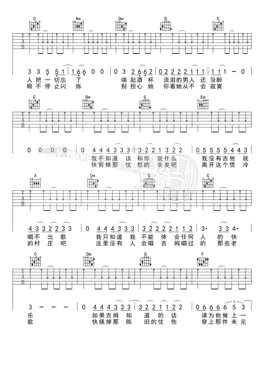 吉姆餐厅吉他谱-赵雷-《吉姆餐厅》C调六线谱-吉他弹唱教学插图1