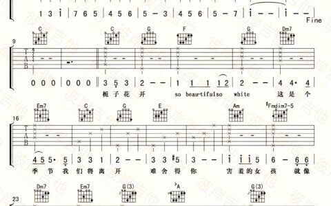 《栀子花开》吉他谱-何炅-C调原版弹唱六线谱-高清图片谱