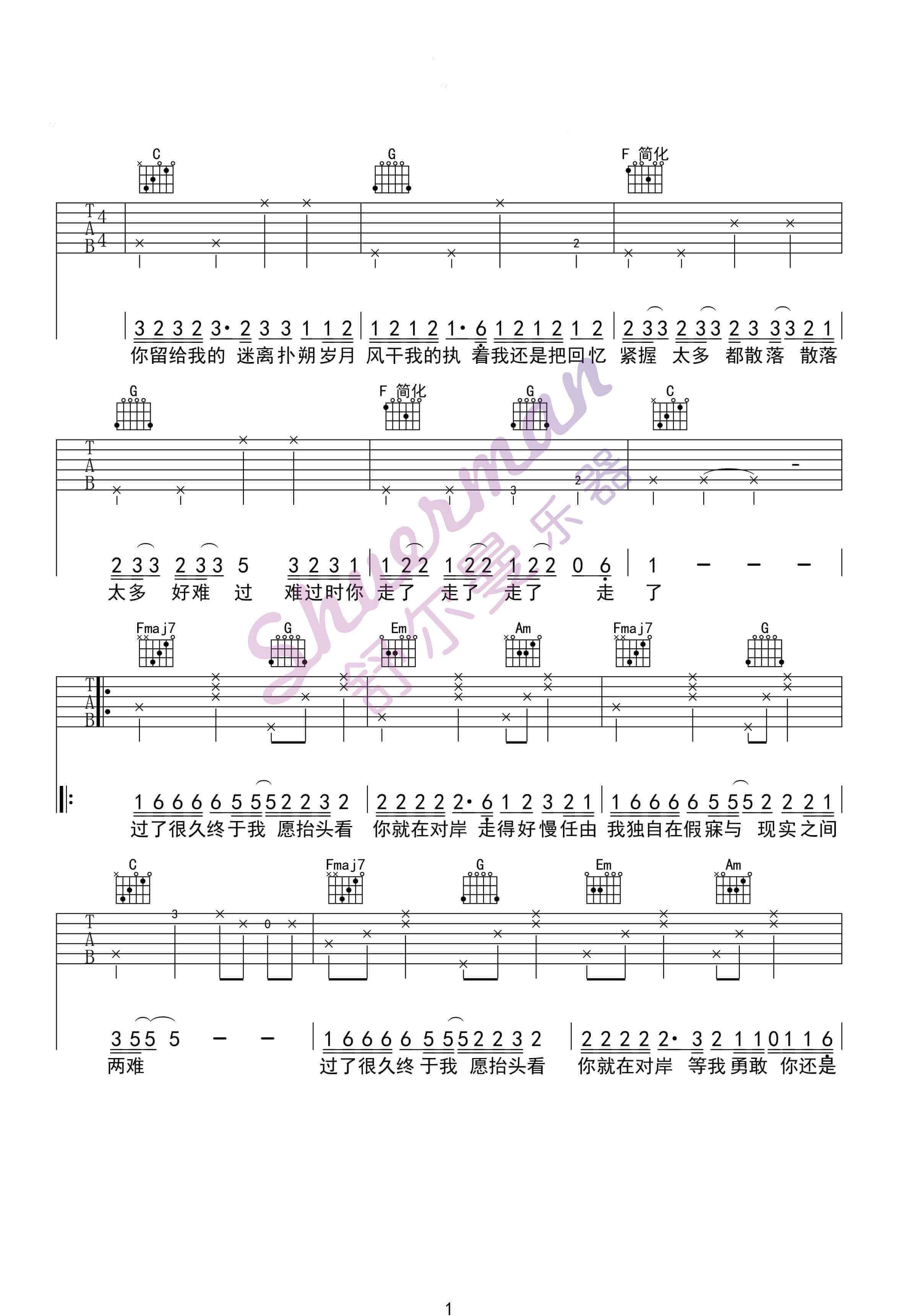 《走马》钢琴谱 - 陈粒简单版C调和弦弹唱伴奏无旋律 - 加歌词 - 钢琴简谱