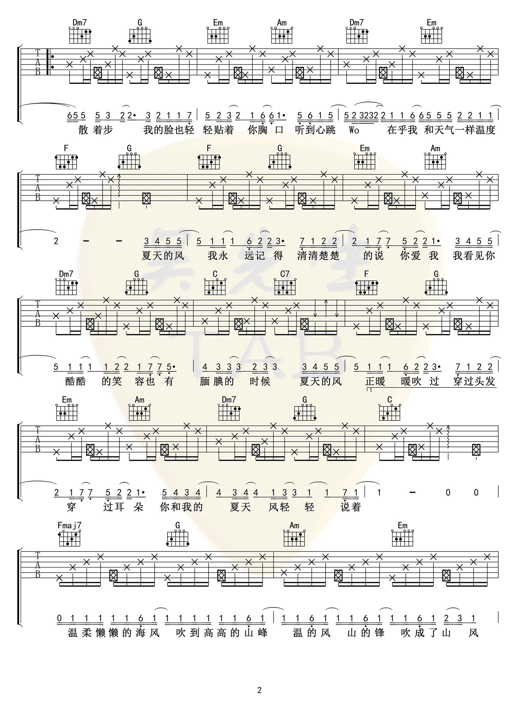 《夏天的风》吉他谱-温岚-C调原版弹唱谱-高清六线谱插图2