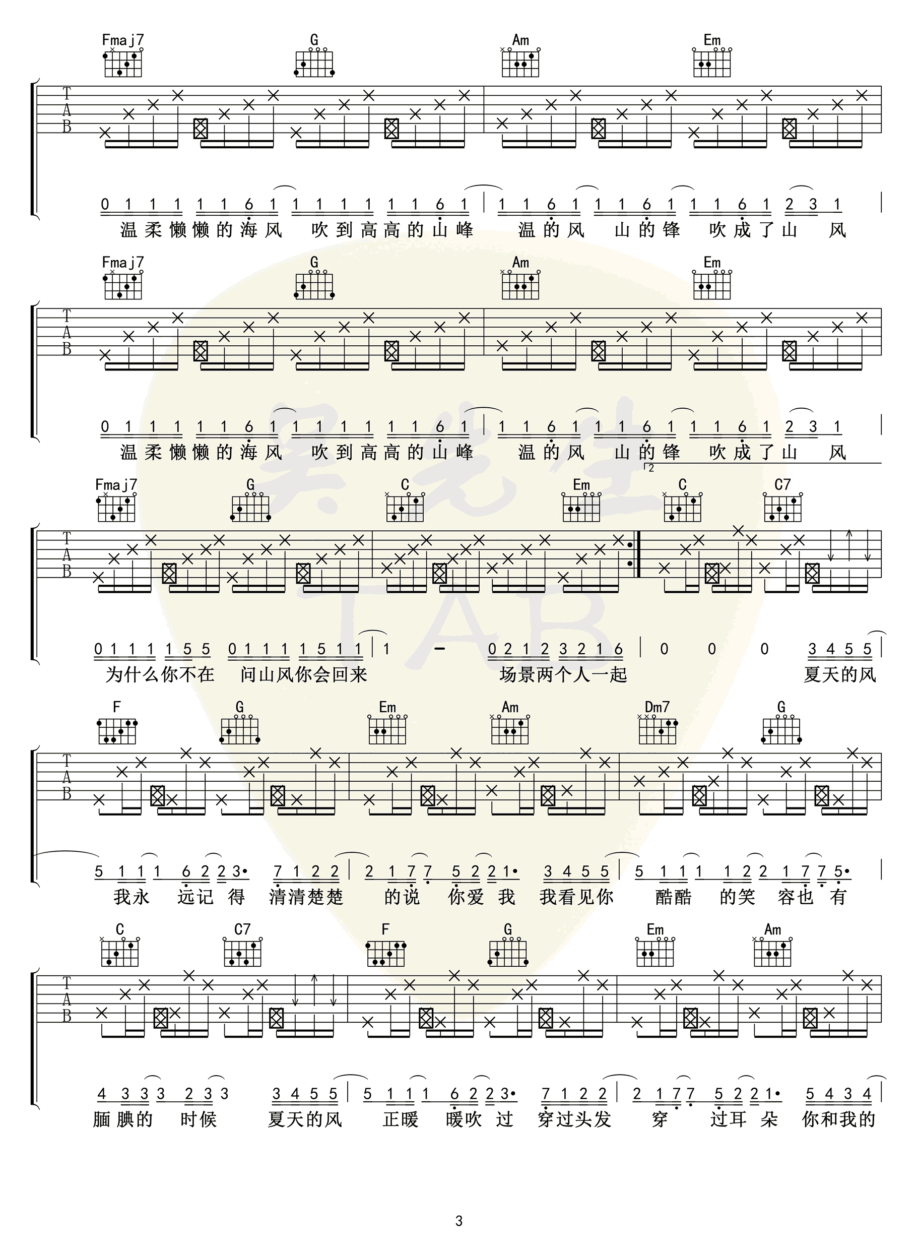 《夏天的风》吉他谱-温岚-C调原版弹唱谱-高清六线谱插图4