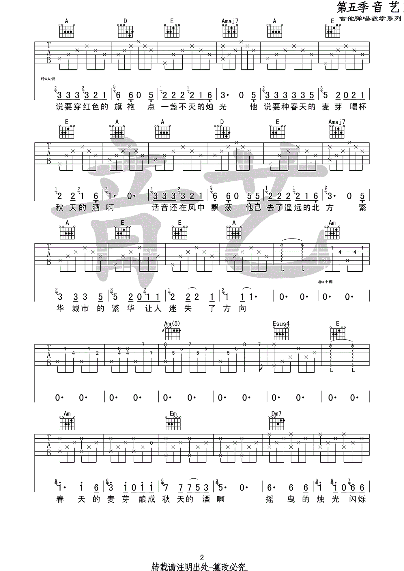 秋酿吉他谱-房东的猫-《秋酿》原版弹唱六线谱-高清图片谱插图1