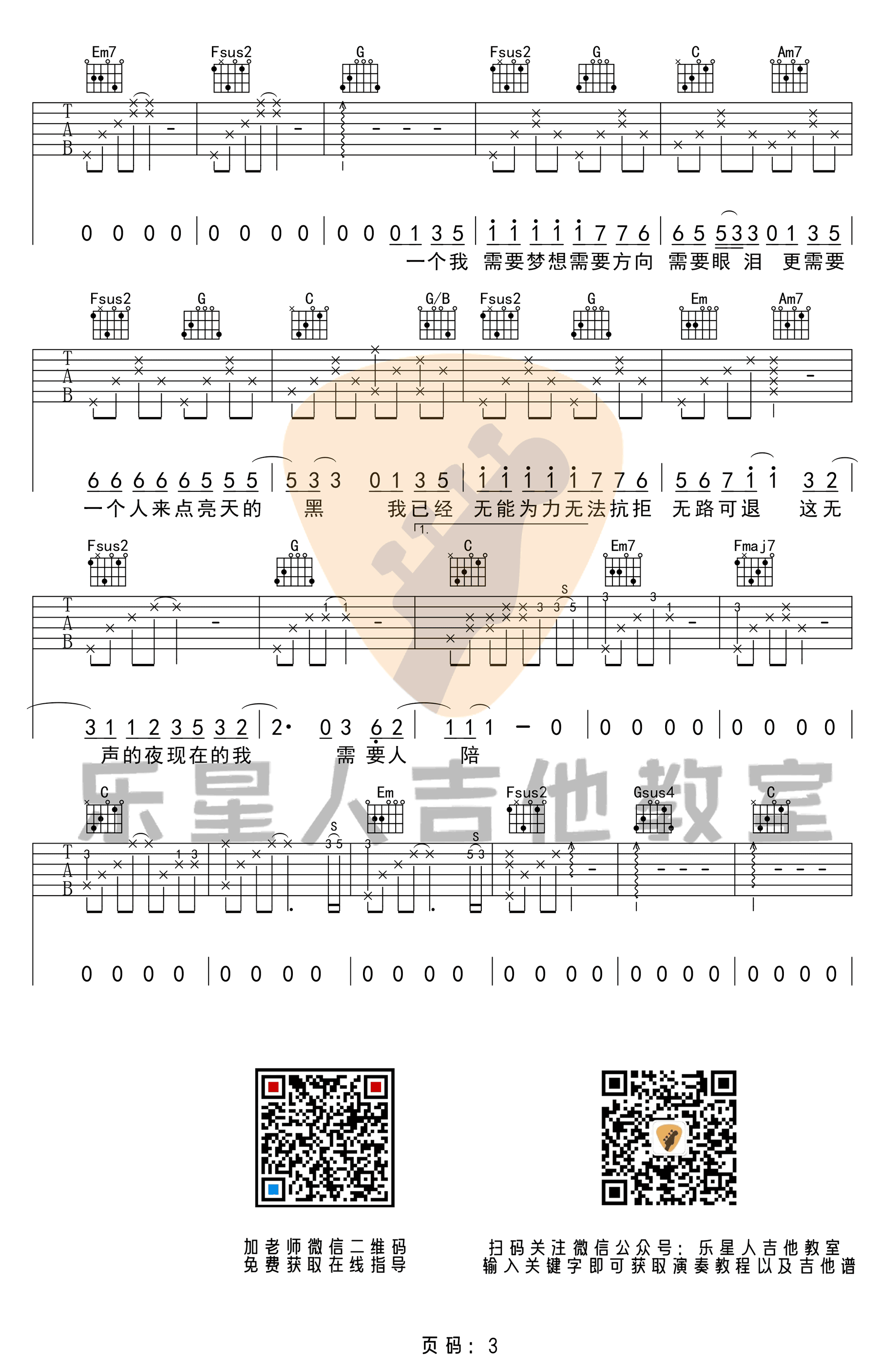 《需要人陪》吉他谱-王力宏-C调原版弹唱六线谱-高清图片谱插图4