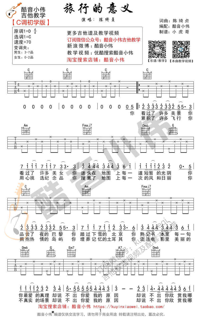 《旅行的意义》吉他谱-陈绮贞-C调简单版六线谱-吉他弹唱教学插图