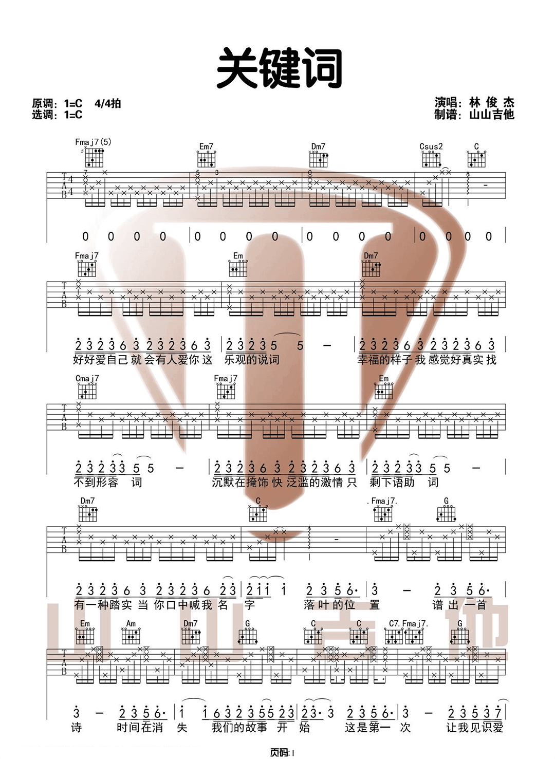 关键词吉他谱-林俊杰-《关键词》C调原版六线谱-吉他弹唱教学插图