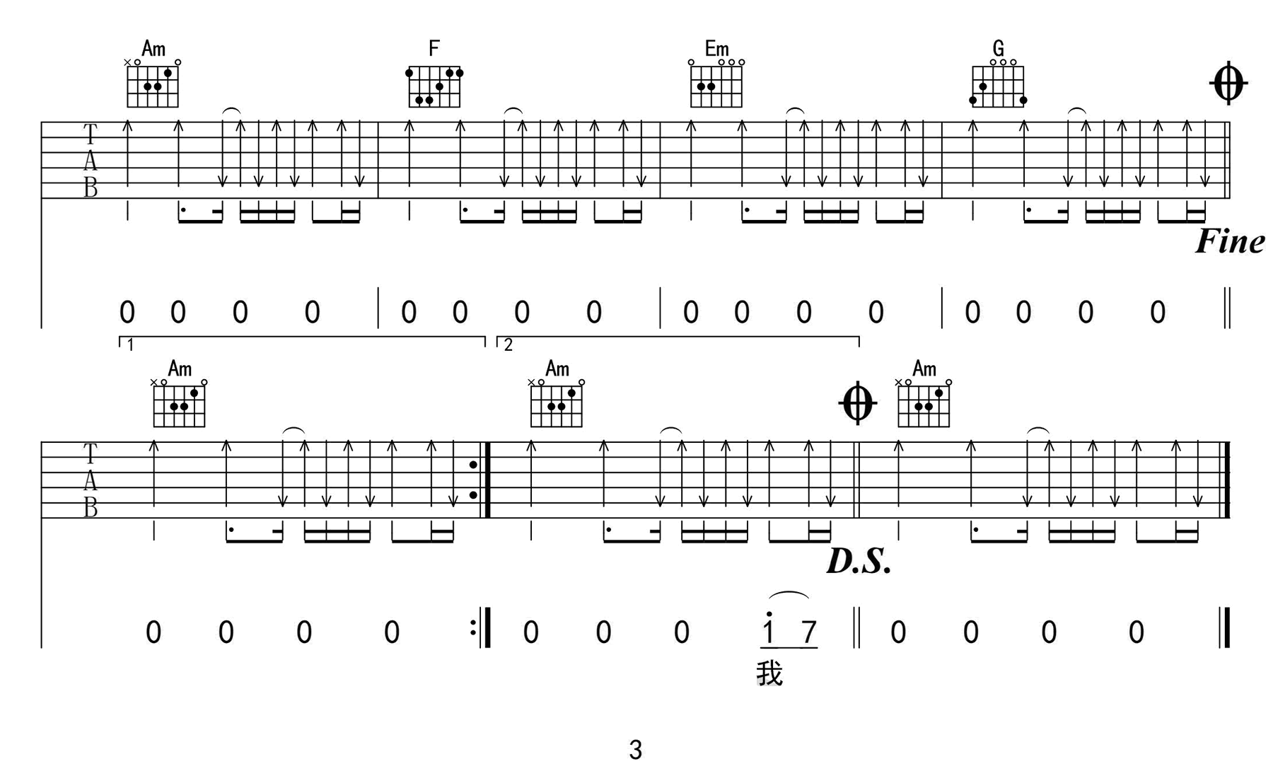 李荣浩《麻雀》吉他谱-C调简单版弹唱六线谱-高清图片谱插图2