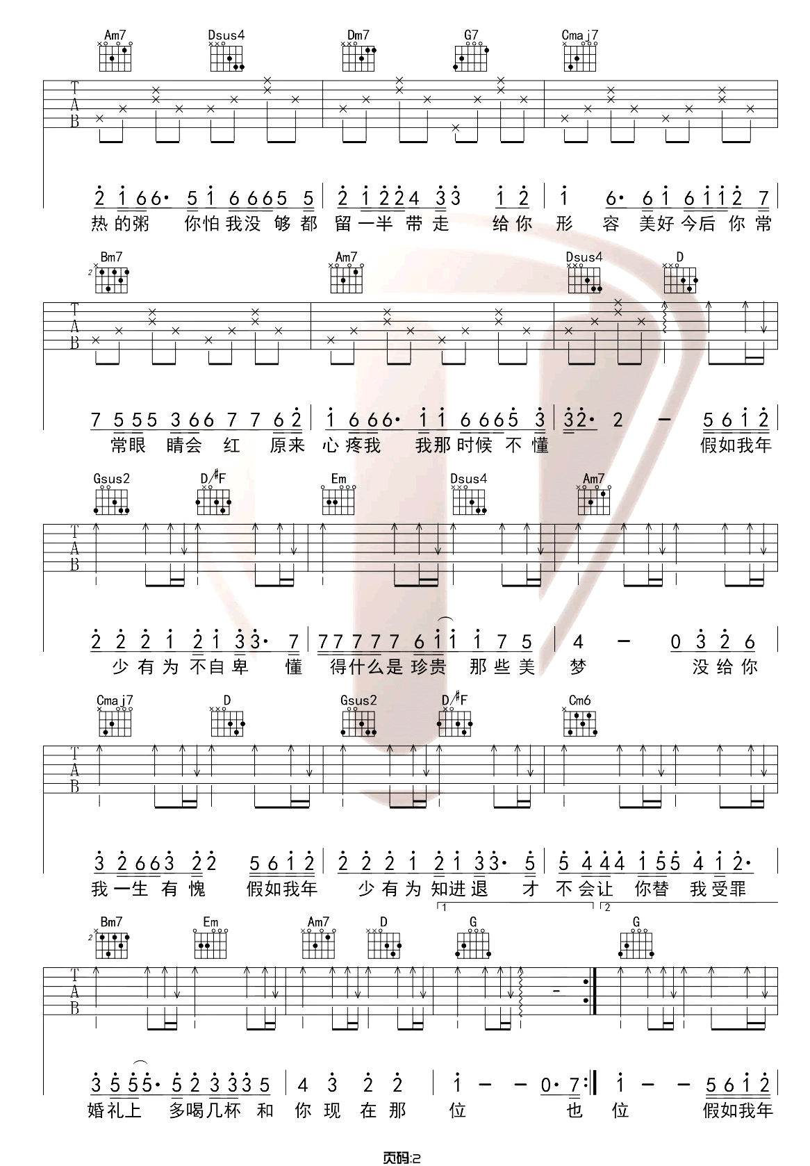 《年少有为》吉他谱-李荣浩-G调原版六线谱-吉他弹唱教学插图1