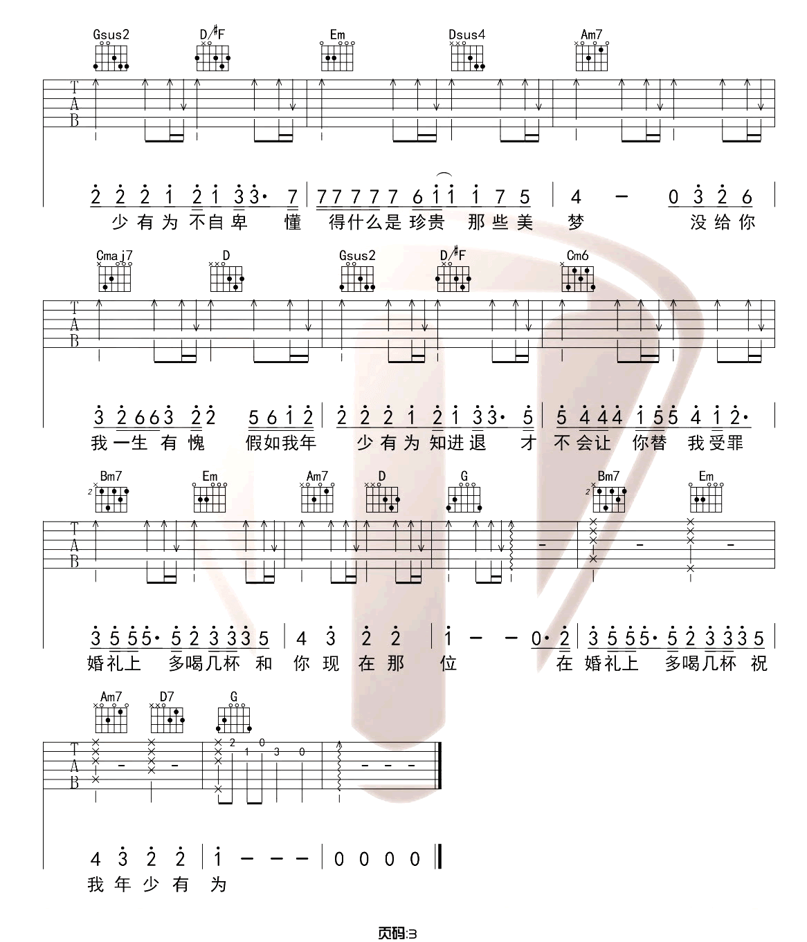 《年少有为》吉他谱-李荣浩-G调原版六线谱-吉他弹唱教学插图2