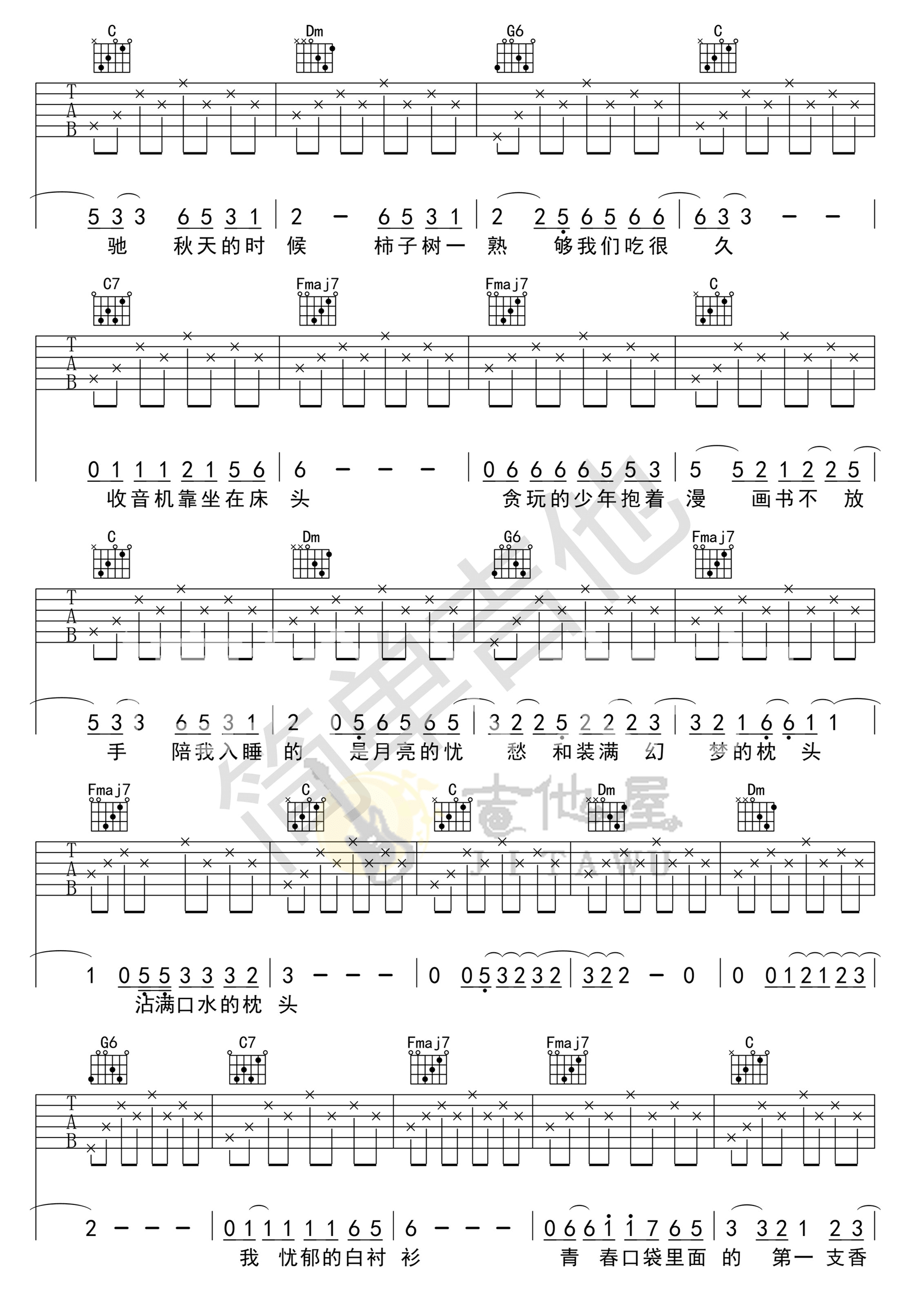 赵雷《少年锦时》C调最简单版弹唱吉他谱-高清图片谱插图6