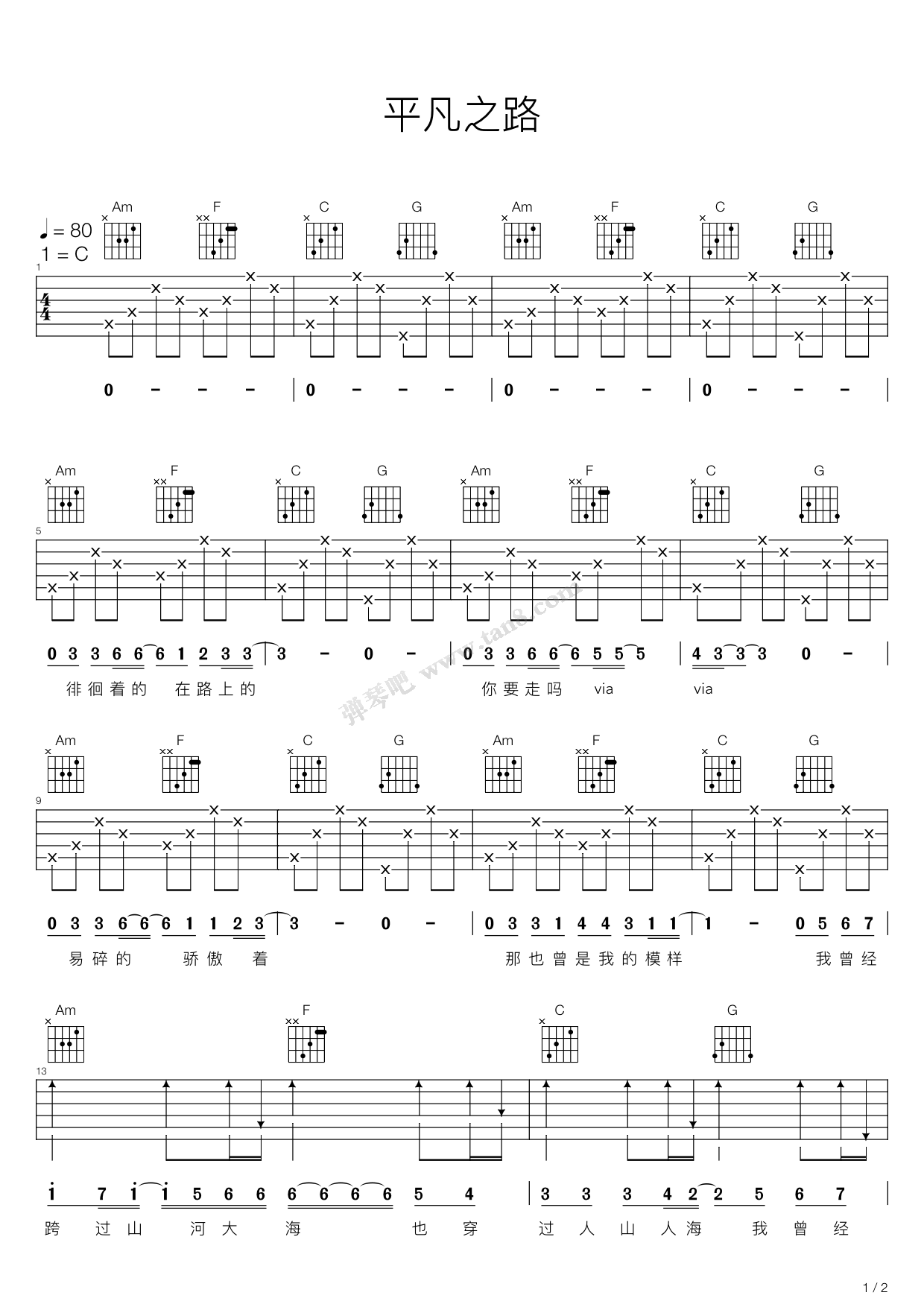 朴树《平凡之路》C调超简单版弹唱吉他六线谱-高清图片谱插图