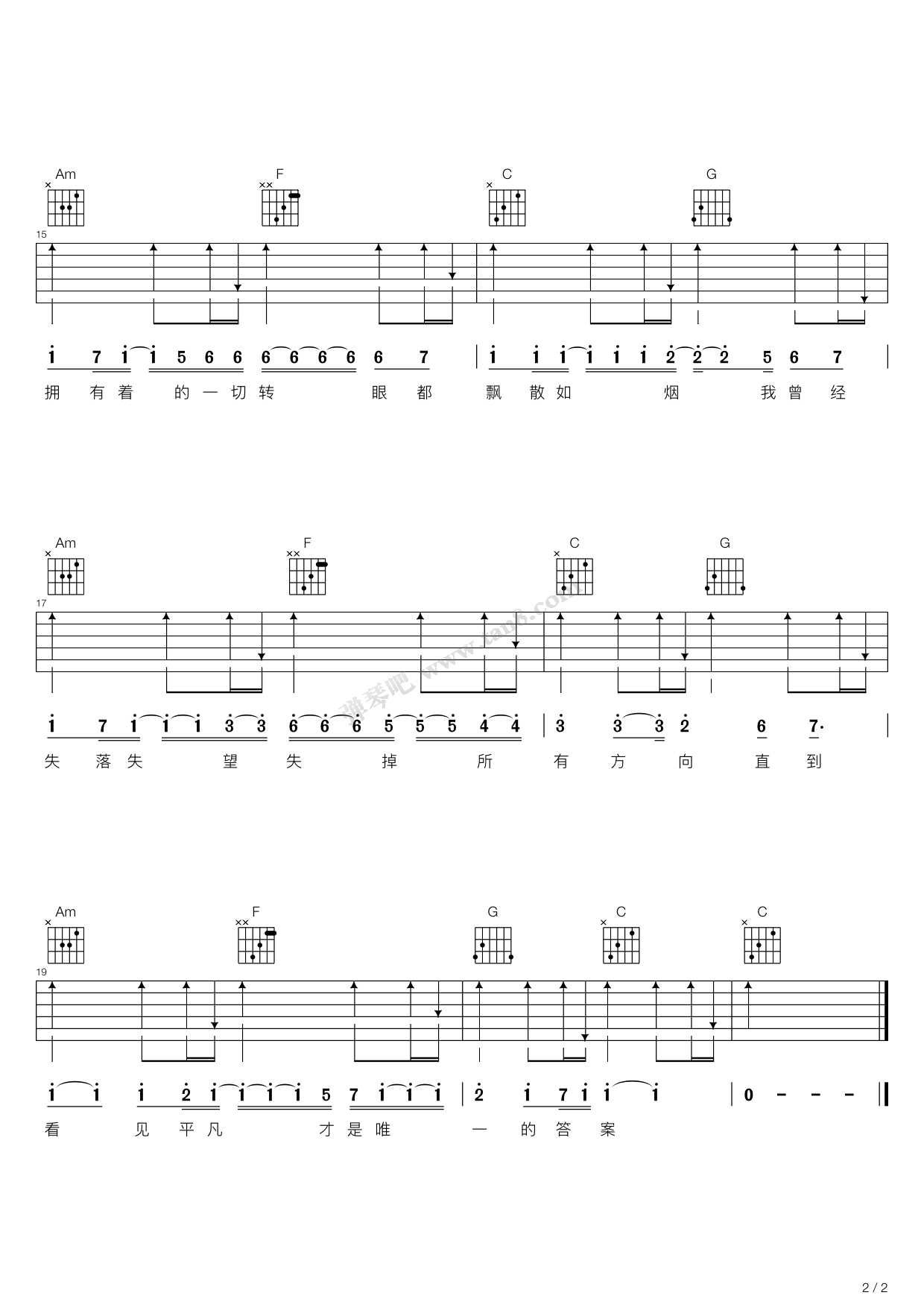朴树《平凡之路》C调超简单版弹唱吉他六线谱-高清图片谱插图2