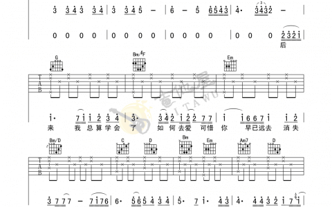 刘若英《后来》G调简单版弹唱吉他六线谱-图片谱-男生版