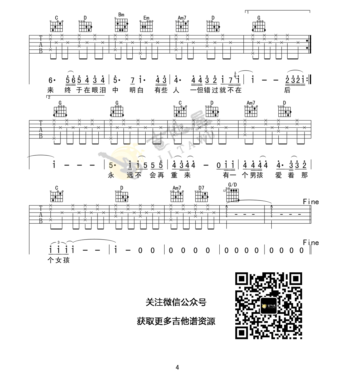 刘若英《后来》G调简单版弹唱吉他六线谱-图片谱-男生版插图3