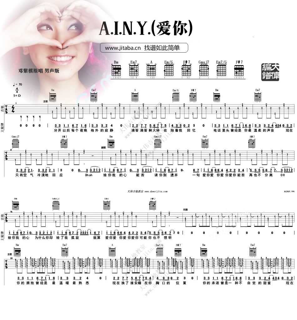 《AINY爱你》吉他谱_D调男生版_邓紫棋插图