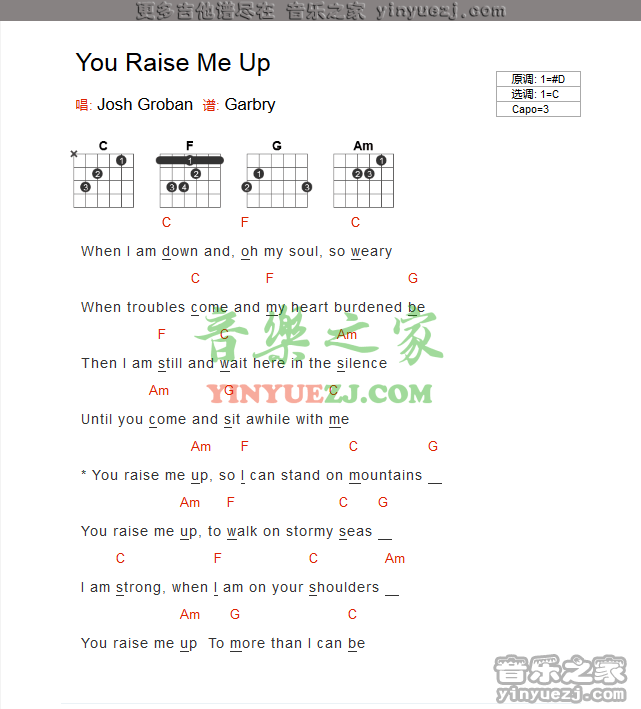 《you raise me up》吉他谱_C调和弦谱_josh groban插图